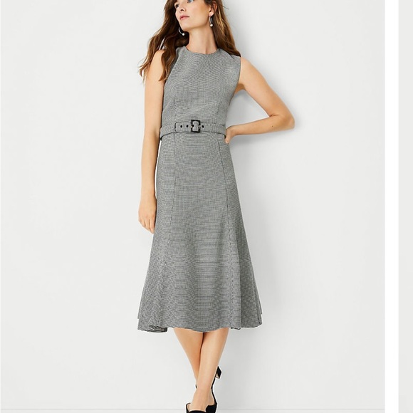 NWT Ann Taylor 4T Belted Houndstooth Midi Sheath Dress - Picture 3 of 13